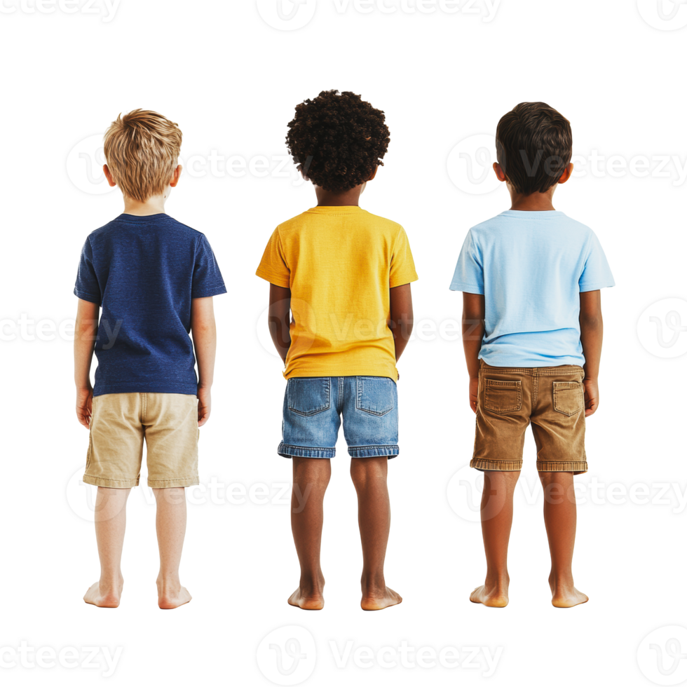 Three children from behind wearing colorful shirts png