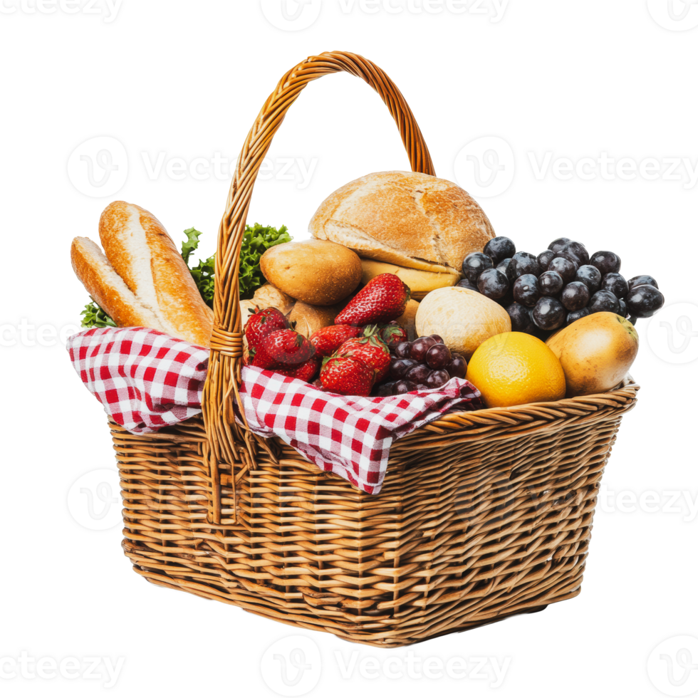 Fresh fruit and bread basket on a white background png