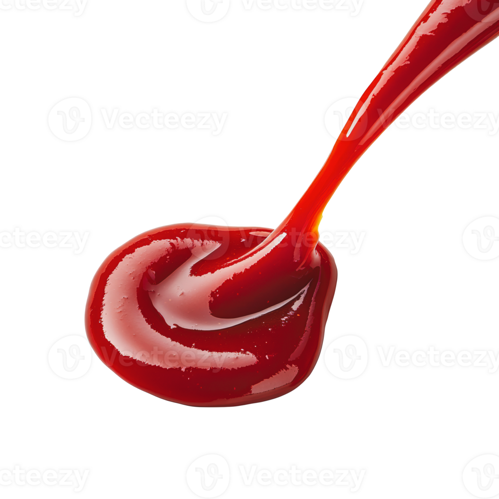 Pouring bright red ketchup on a white surface png