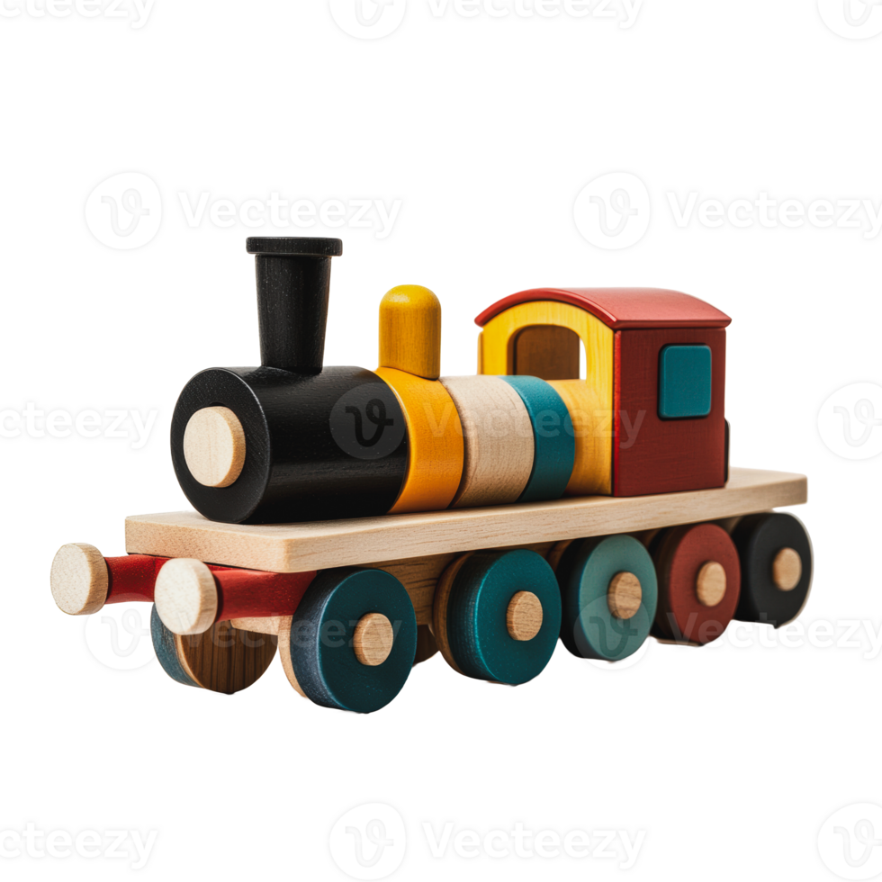 Colorful wooden train toy on a white surface png