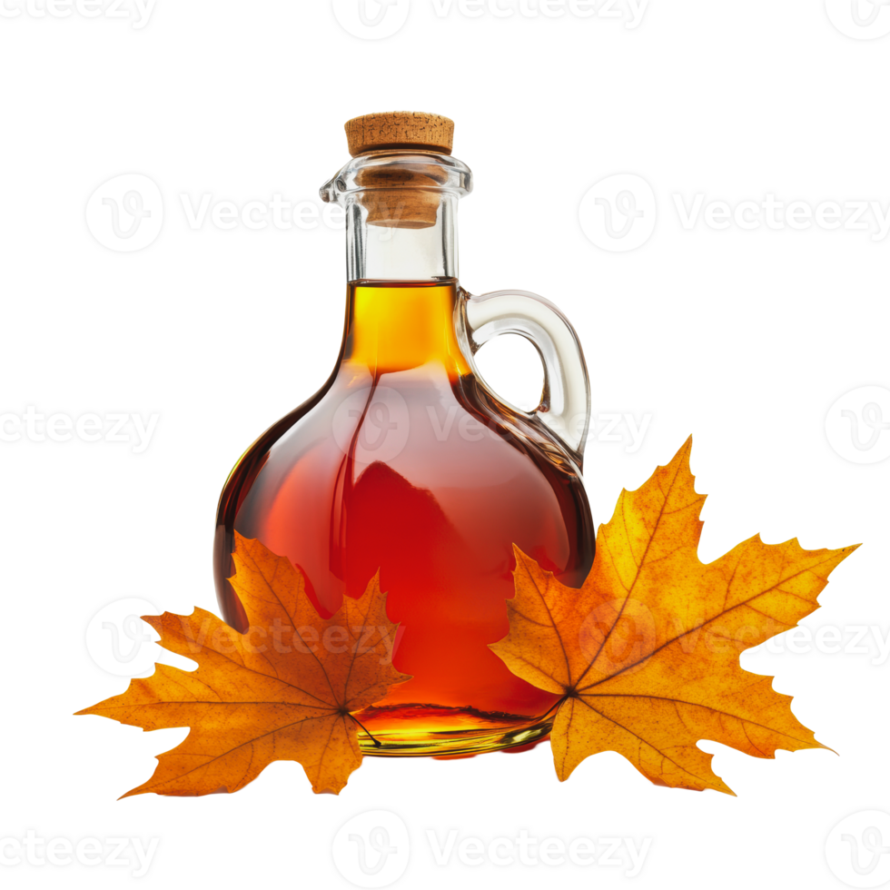 Maple syrup bottle with autumn leaves png