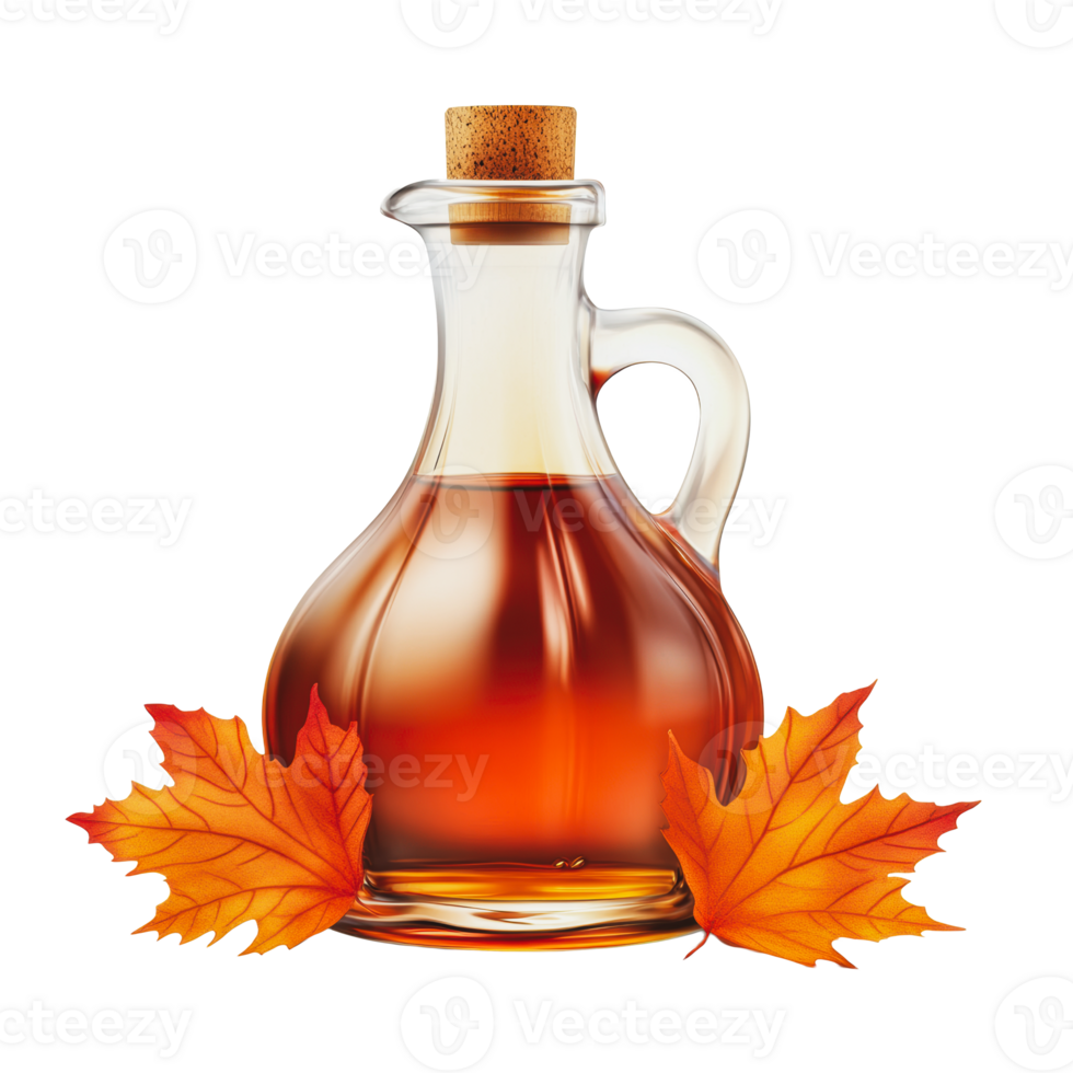 Maple syrup in a glass bottle with autumn leaves png