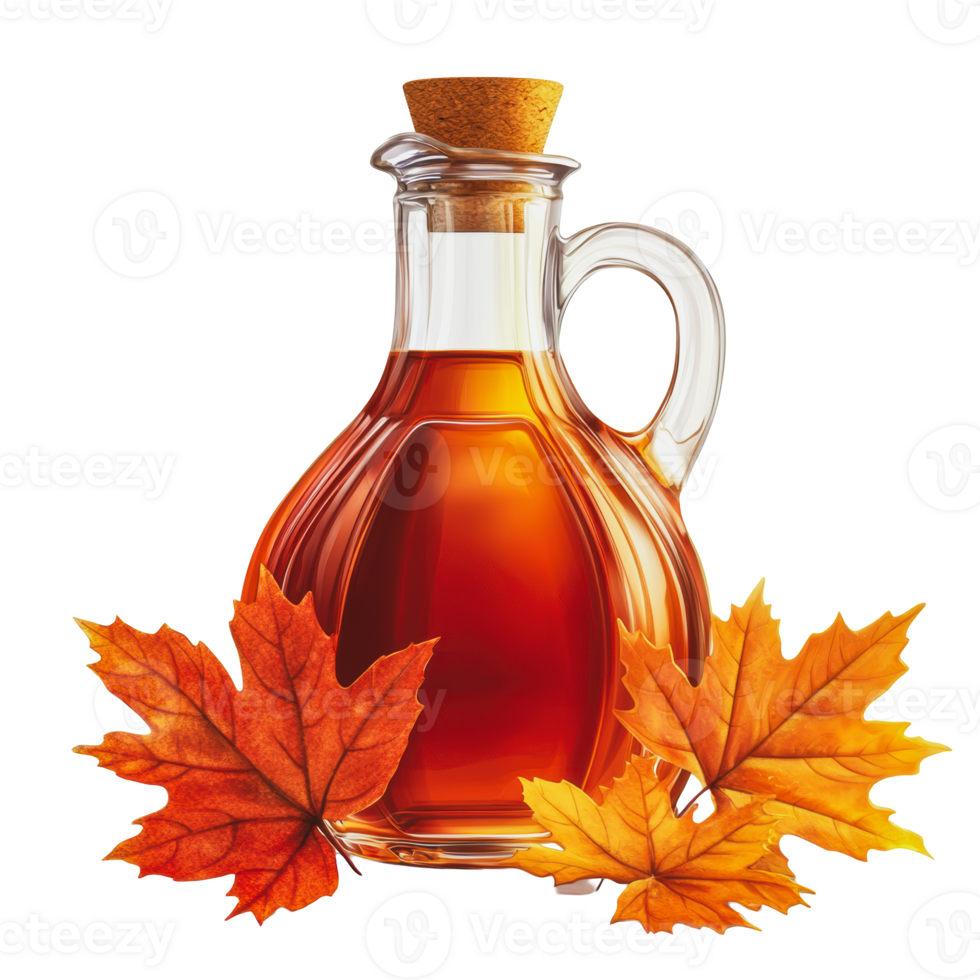 Maple syrup in a glass jar with autumn leaves png