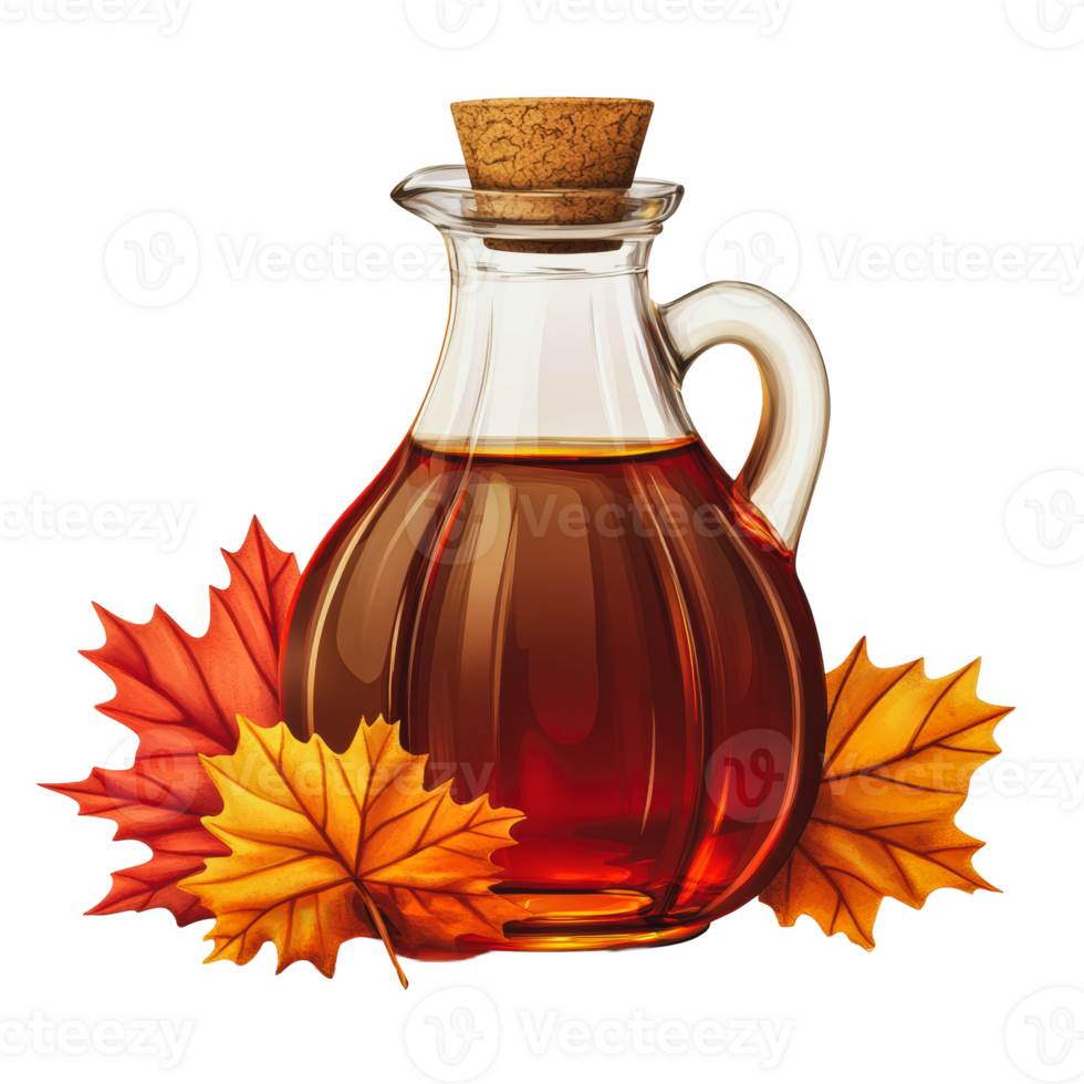 Maple syrup in a glass jar with autumn leaves png