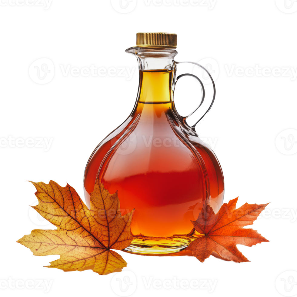 Maple syrup in a glass bottle with autumn leaves png