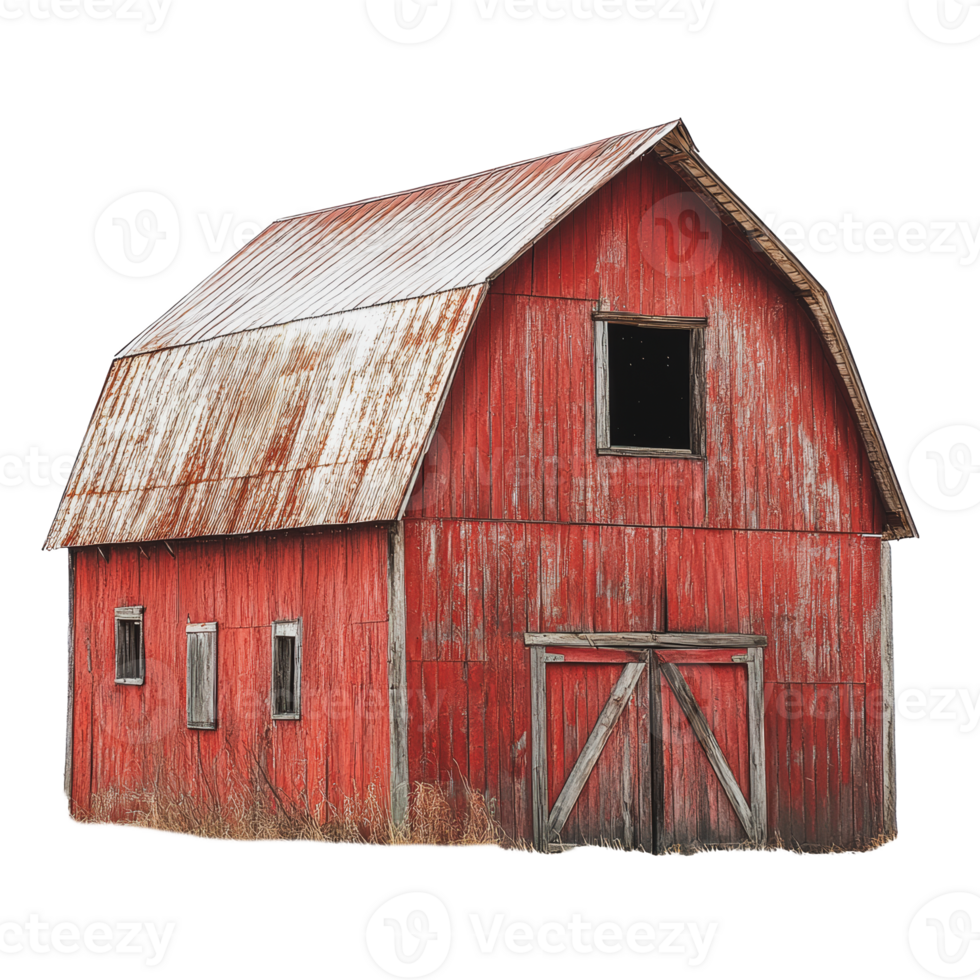 Red barn with weathered roof in rural setting png