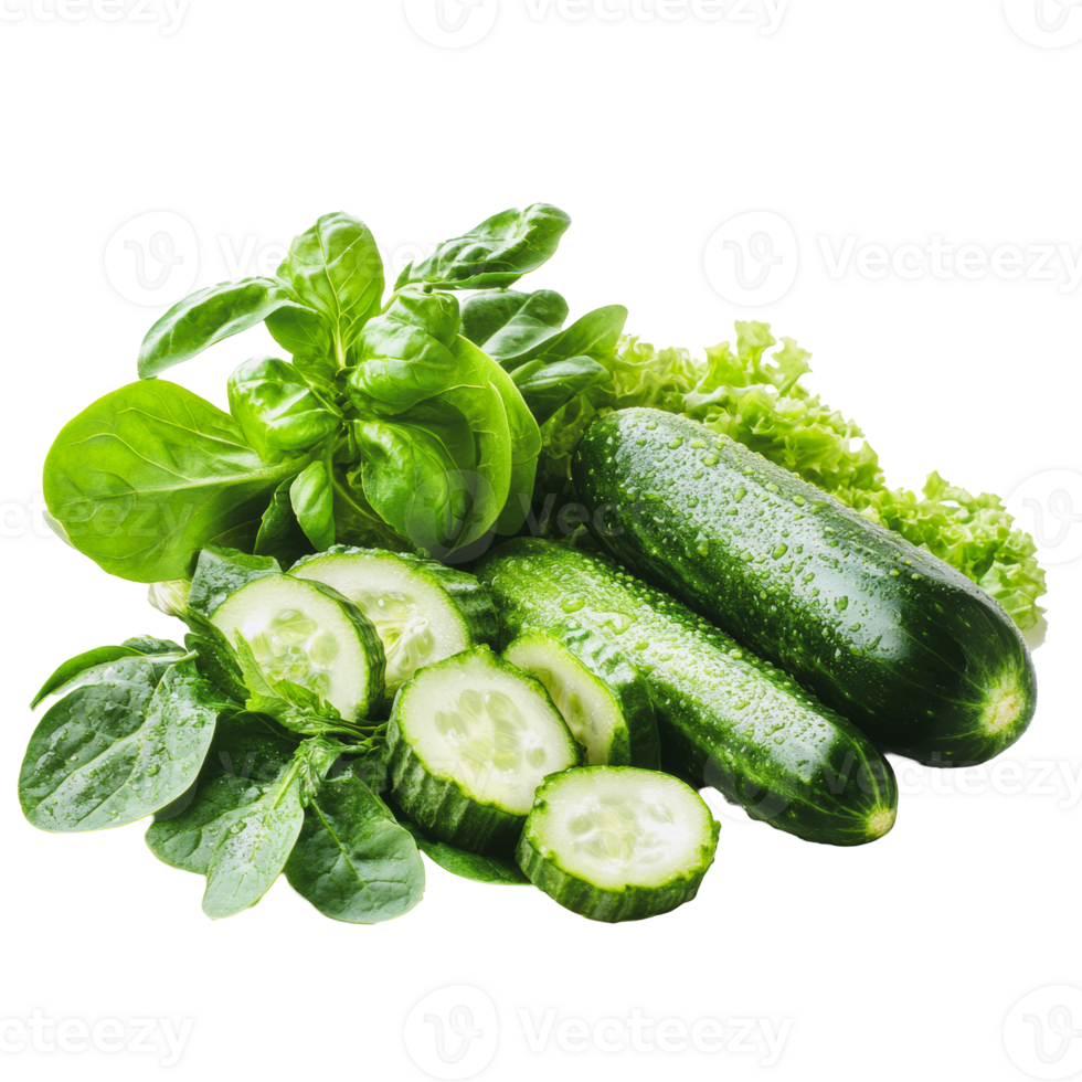 Fresh cucumbers and greens on a white background png