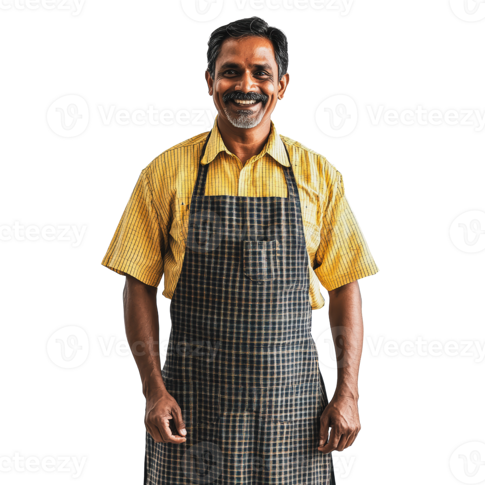 Man in apron smiling against white background png