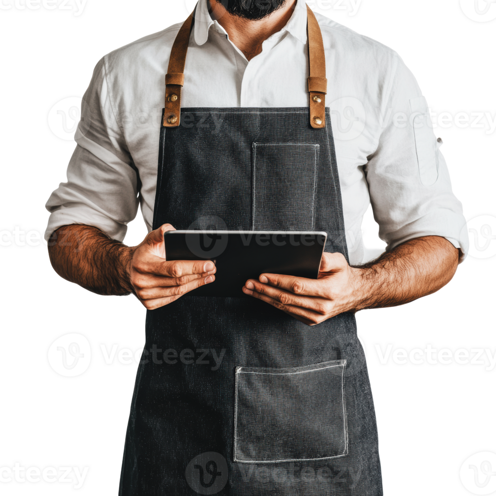 Man in apron with tablet on white png