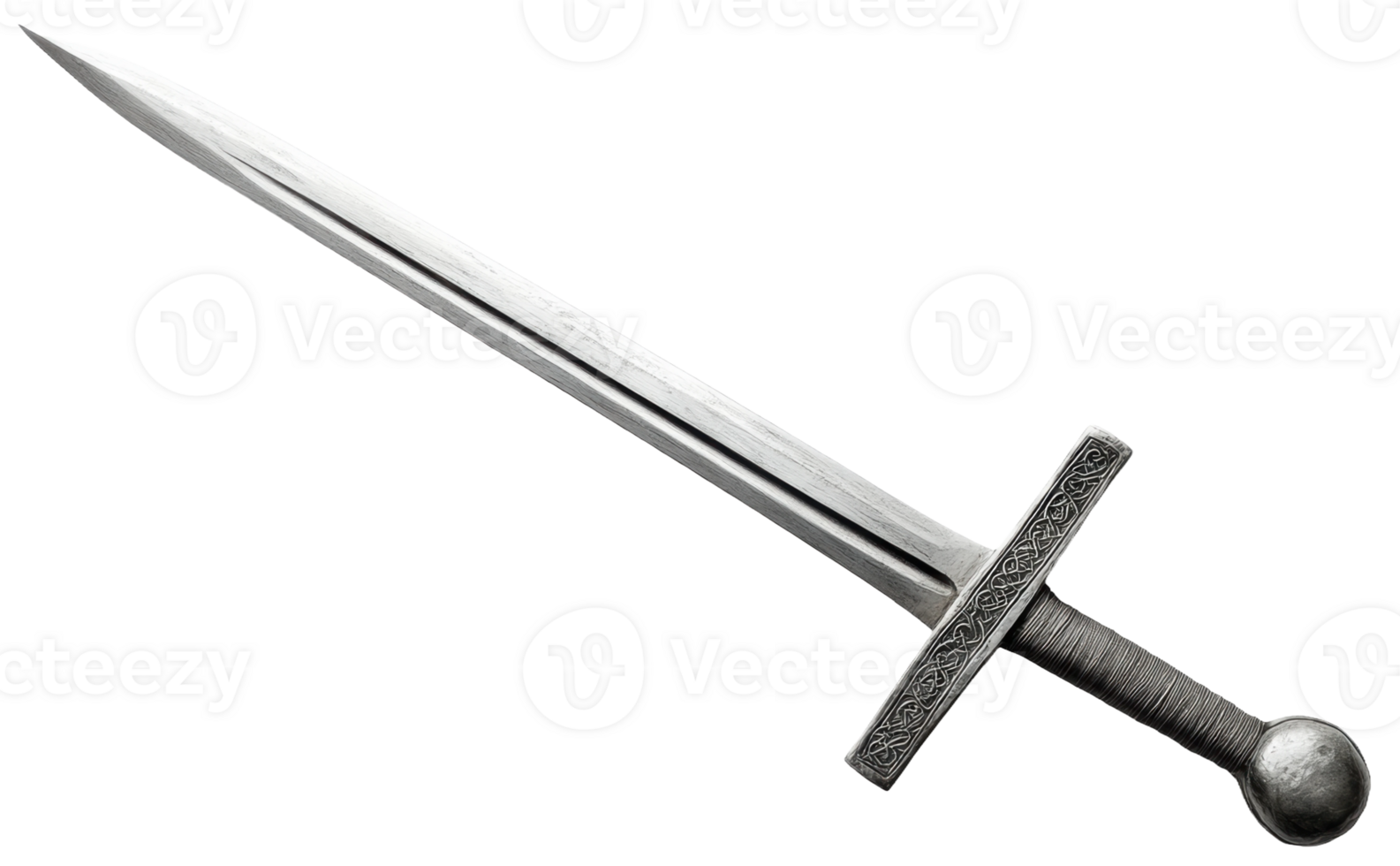Medieval sword lying on a wooden surface, cut out - stock . png