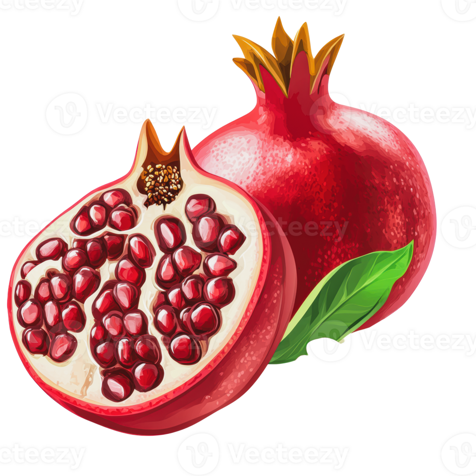 Halved red pomegranate on white surface png