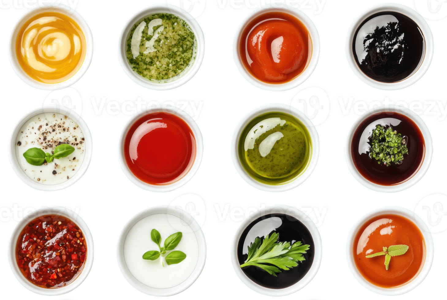 A variety of colorful sauces arranged neatly in small bowls, cut out - stock . png
