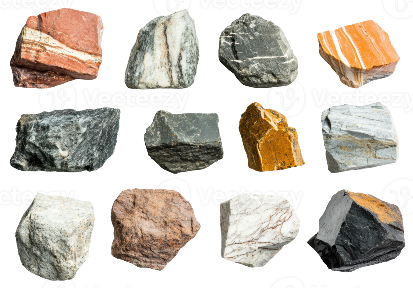 A collection of various rocks and minerals showcasing different colors and textures, cut out - stock . png