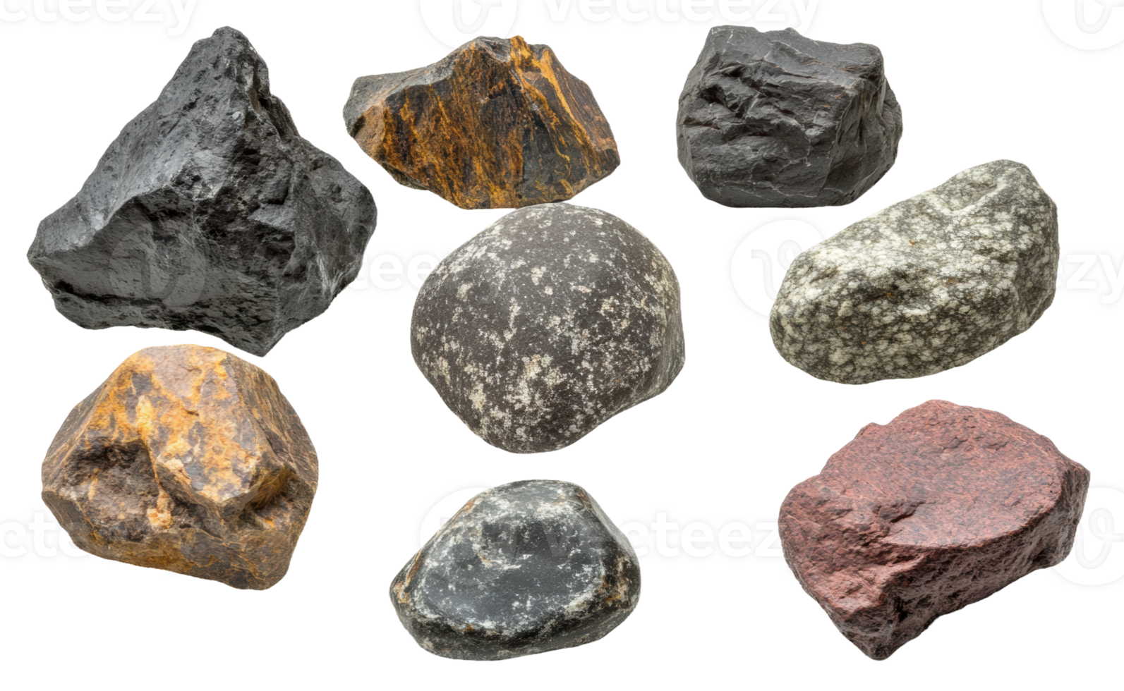Collection of various rock specimens displaying different colors and textures, cut out - stock . png