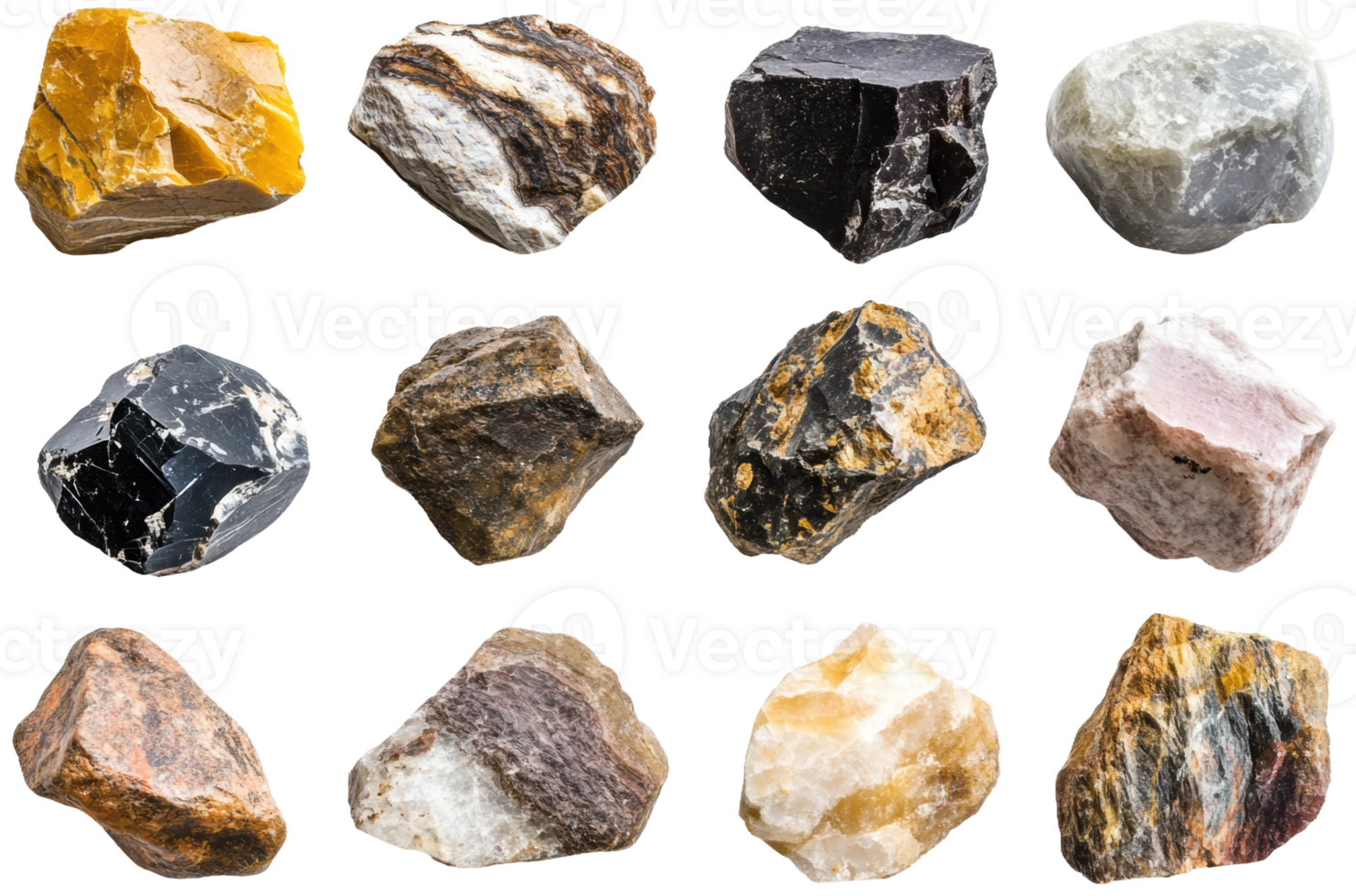 Collection of various types of natural stones, cut out - stock . png