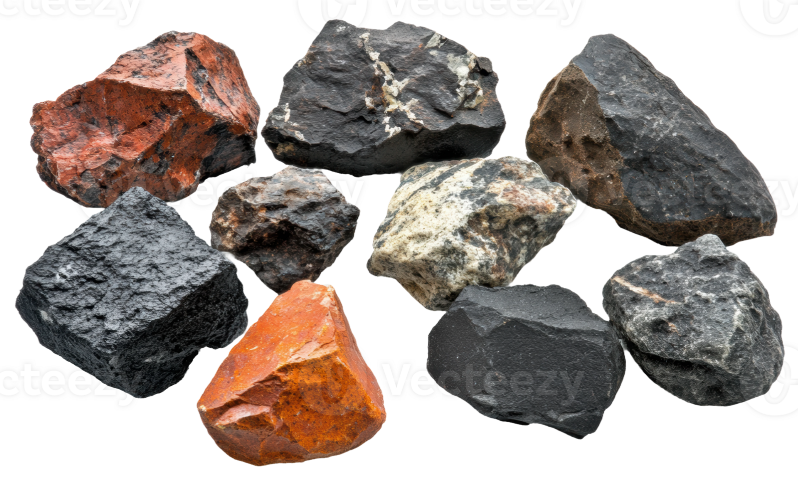 Collection of volcanic rocks showcasing various textures and colors, cut out - stock . png