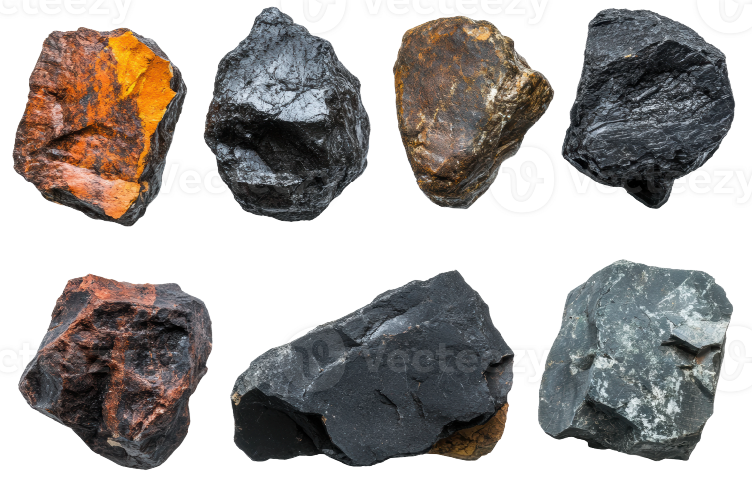 Collection of different types of mineral specimens, cut out - stock . png