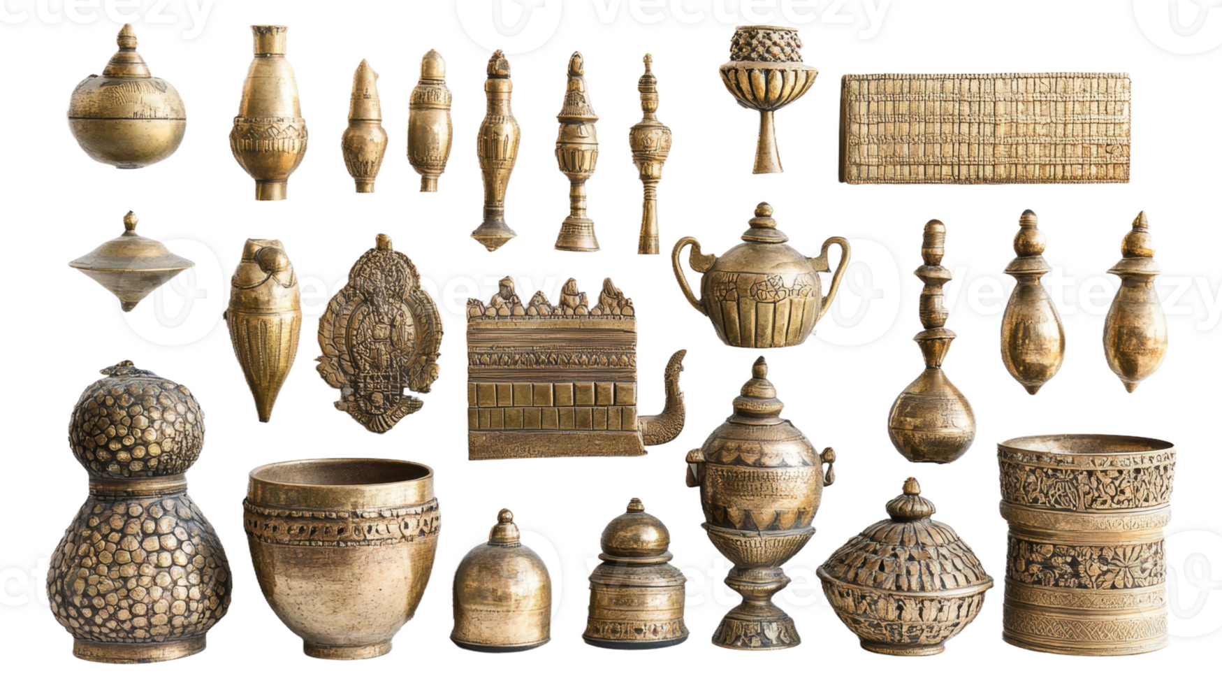 Assorted decorative metal artifacts showcasing intricate craftsmanship and unique designs, cut out - stock . png