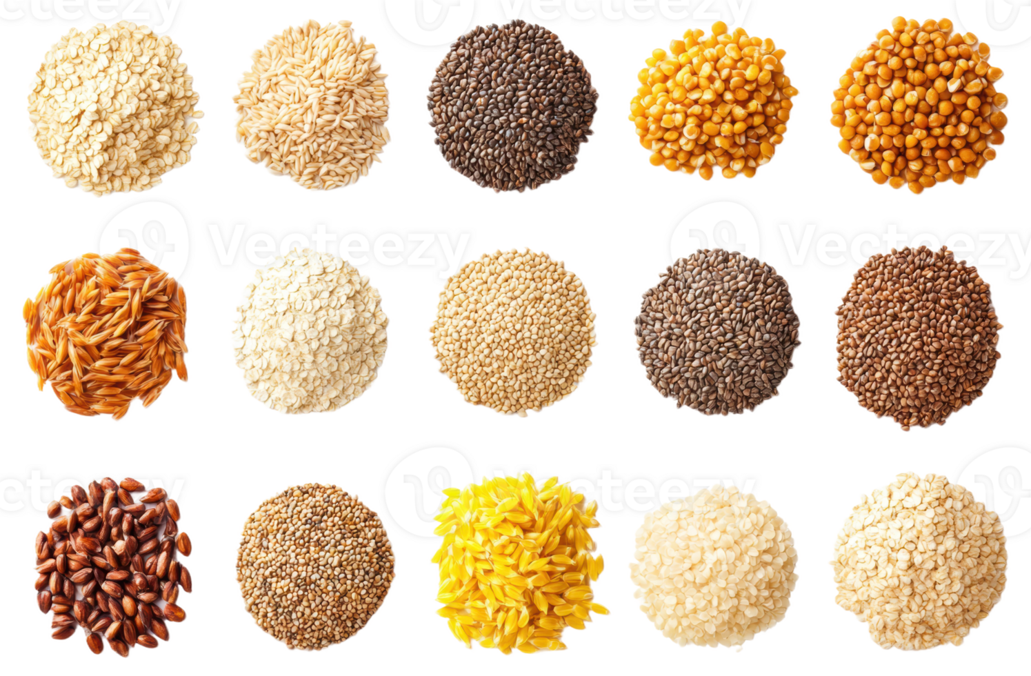 Different varieties of grains and seeds displayed in circular arrangements, cut out - stock . png