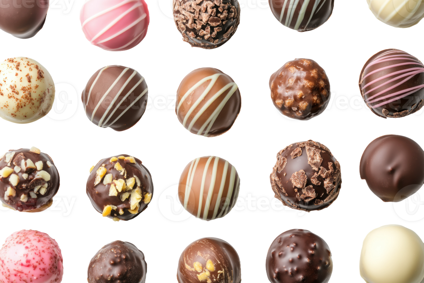 Assorted chocolate truffles arranged in a neat grid, cut out - stock . png