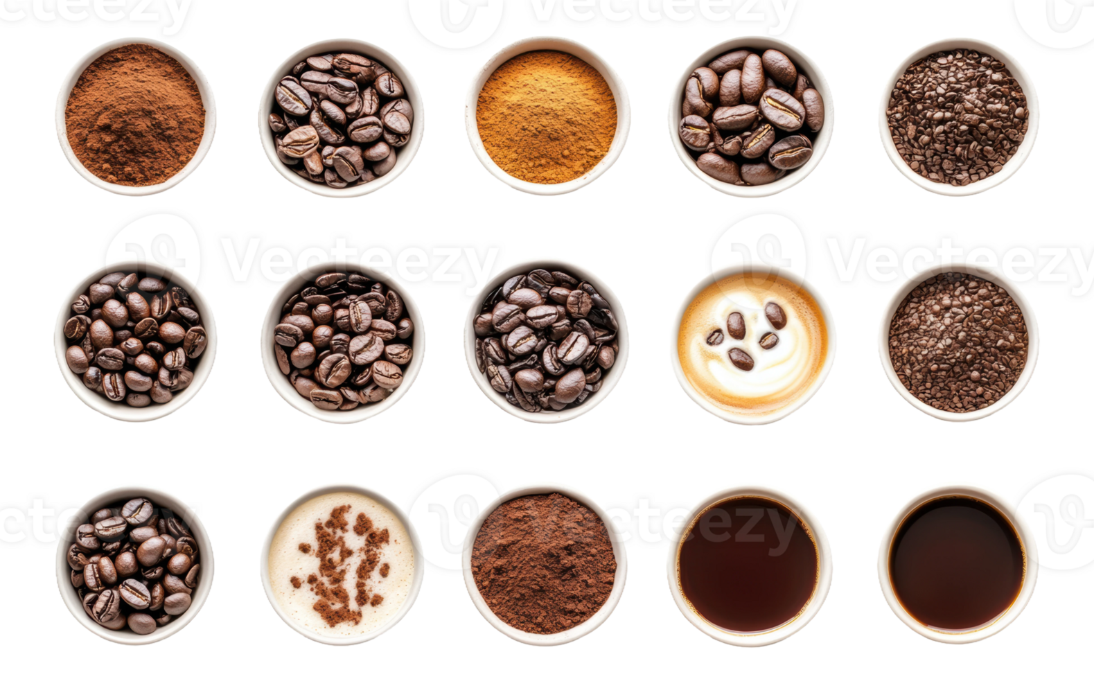 Different types of coffee beans, powders, and drinks, cut out - stock . png