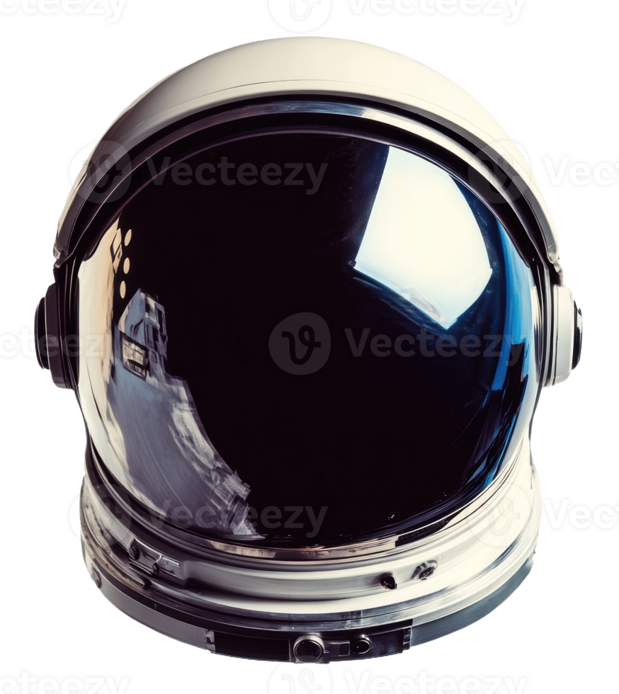 Astronaut helmet on display in a museum setting, cut out - stock . png