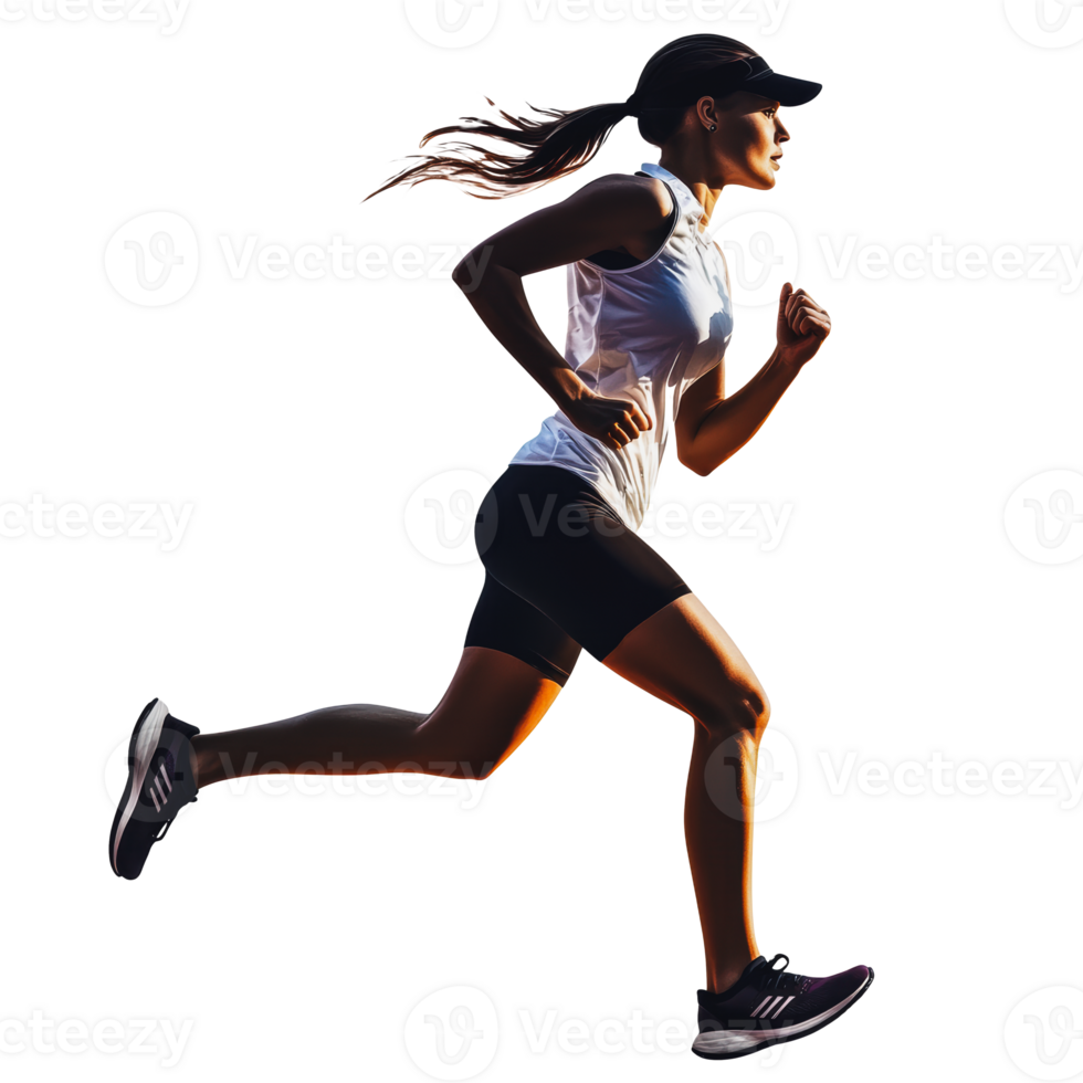 A woman runs on a white background wearing athletic attire during daylight png