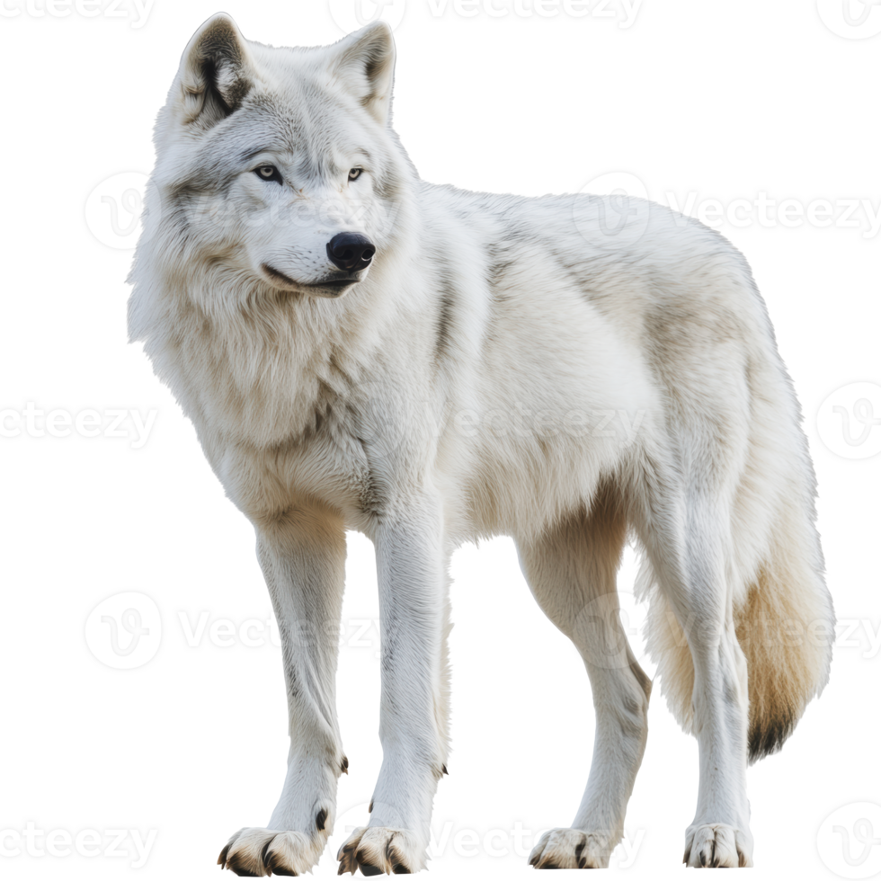 A majestic white wolf standing on green grass in a serene natural environment during daylight png