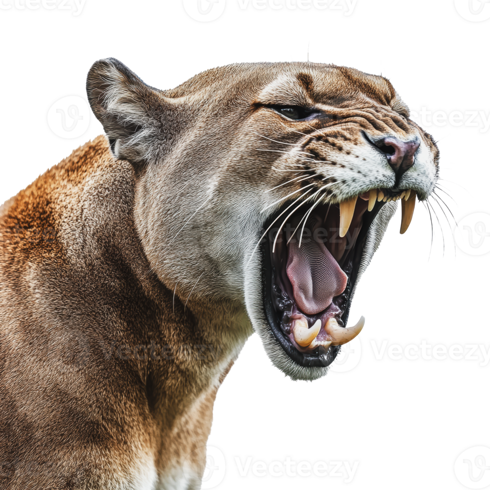 A puma yawns widely, showcasing its sharp teeth against a white background png