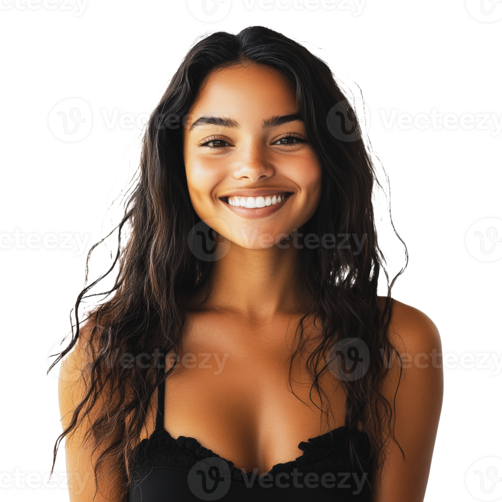 Smiling woman with long, wavy hair poses against a white background in casual attire, showcasing a cheerful expression png