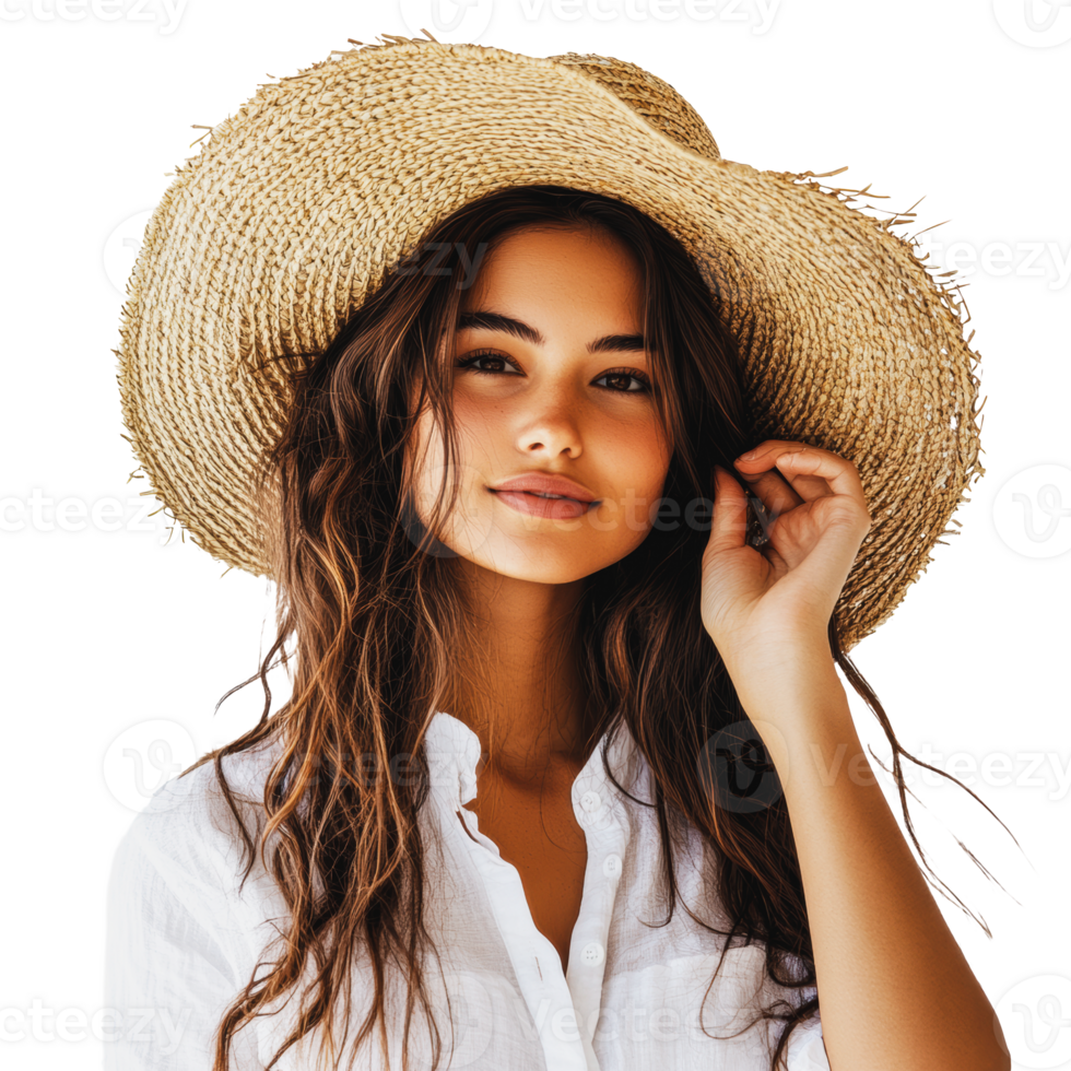Young woman wearing a straw hat and white shirt, posing with a playful expression against a light background png