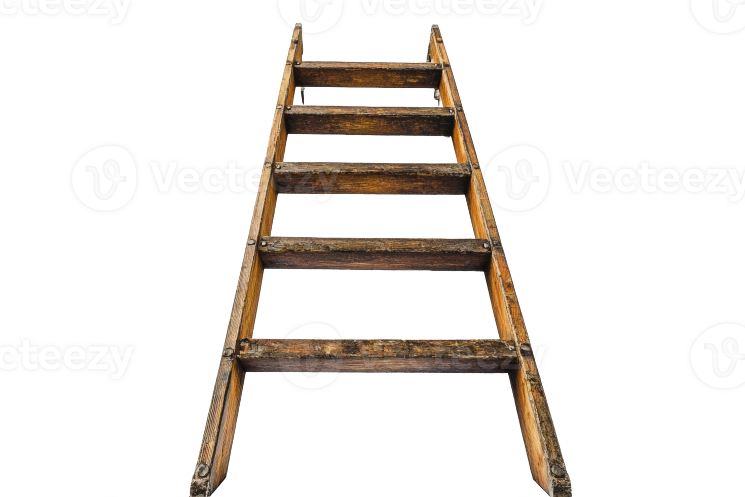 Wooden ladder leaning against a white background, showcasing its rustic design and sturdy construction png