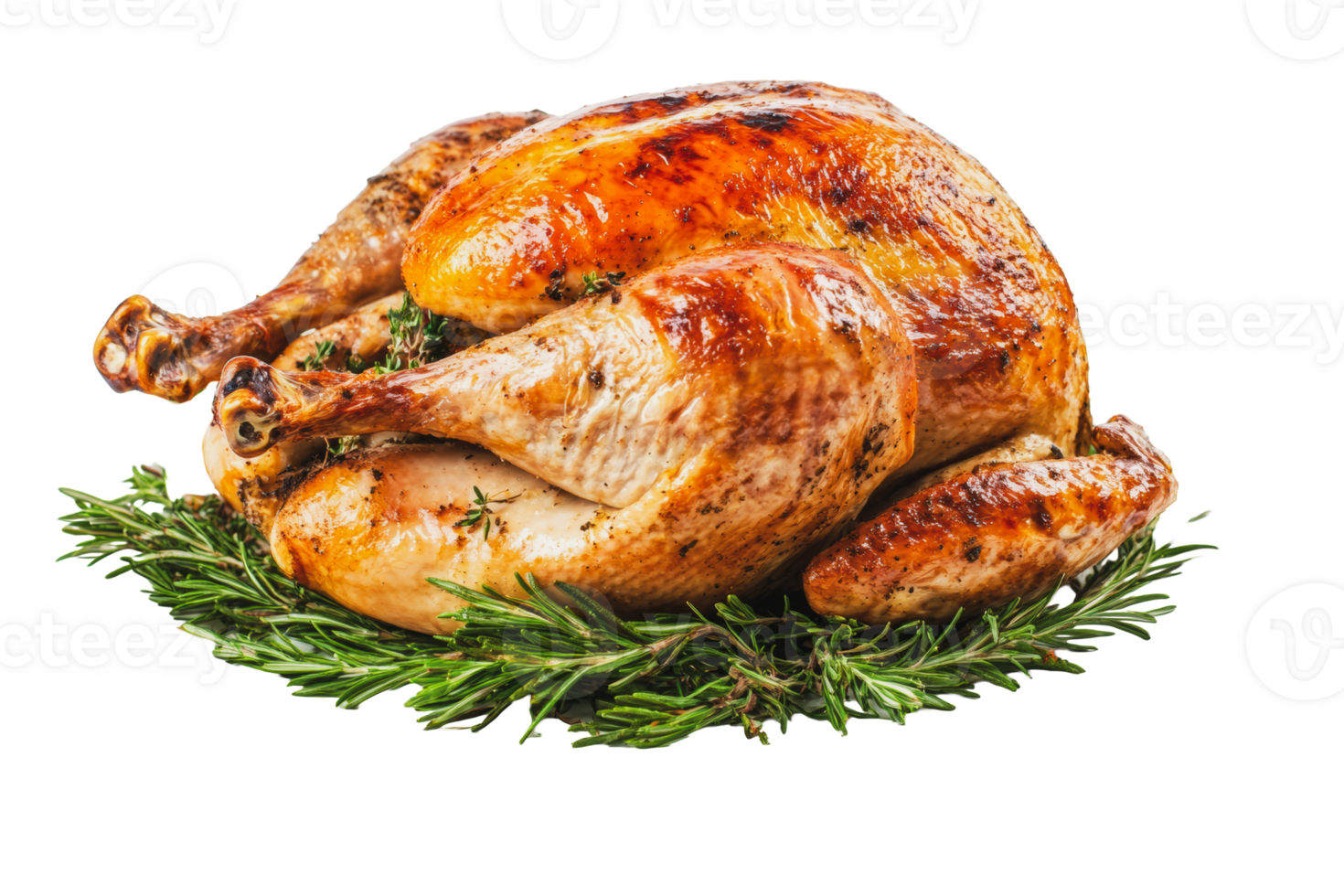 Roast turkey garnished with fresh herbs on a white background png