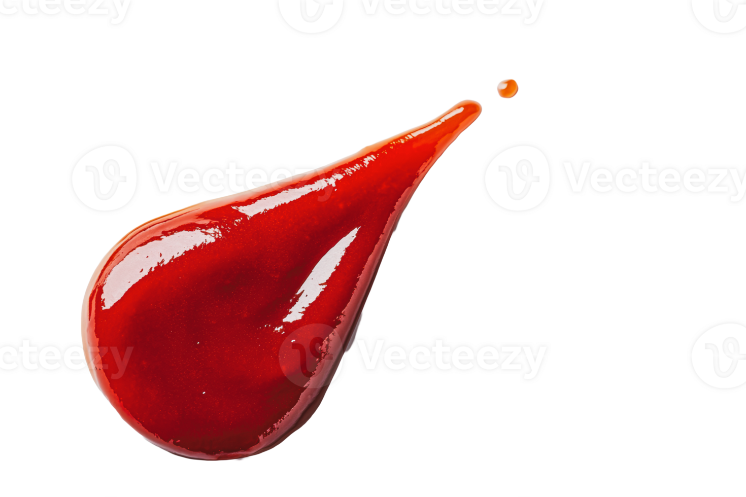 Red sauce drop on white background, capturing the glossy texture and vibrant color png