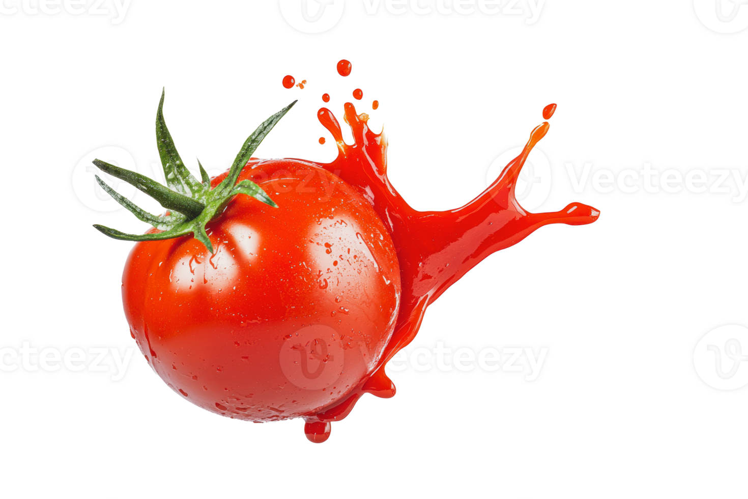 Juicy red tomato bursting with splashes of juice isolated on white background png
