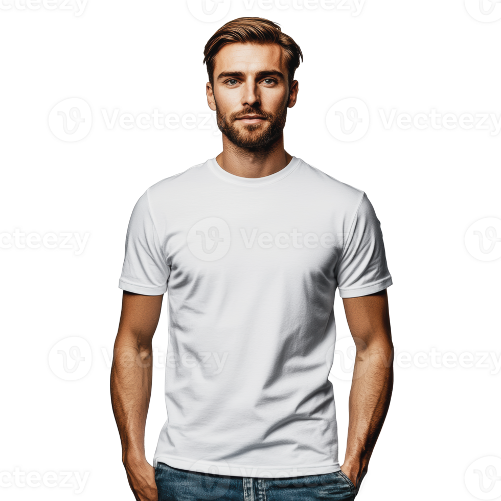 A man wearing a plain white t-shirt and jeans poses confidently against a white background png