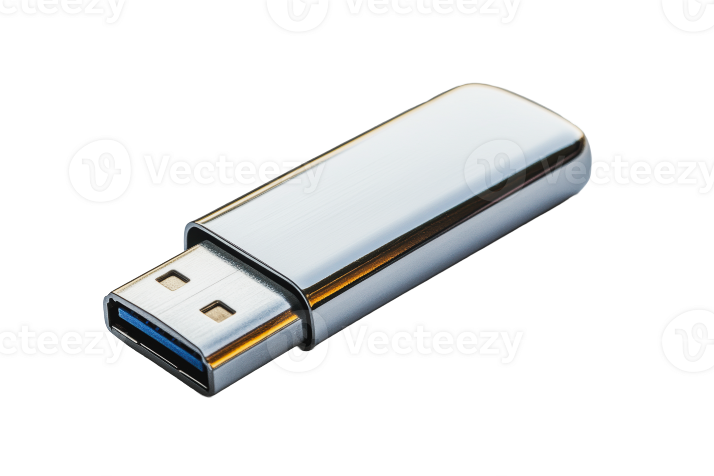 A sleek silver USB flash drive resting on a white surface png