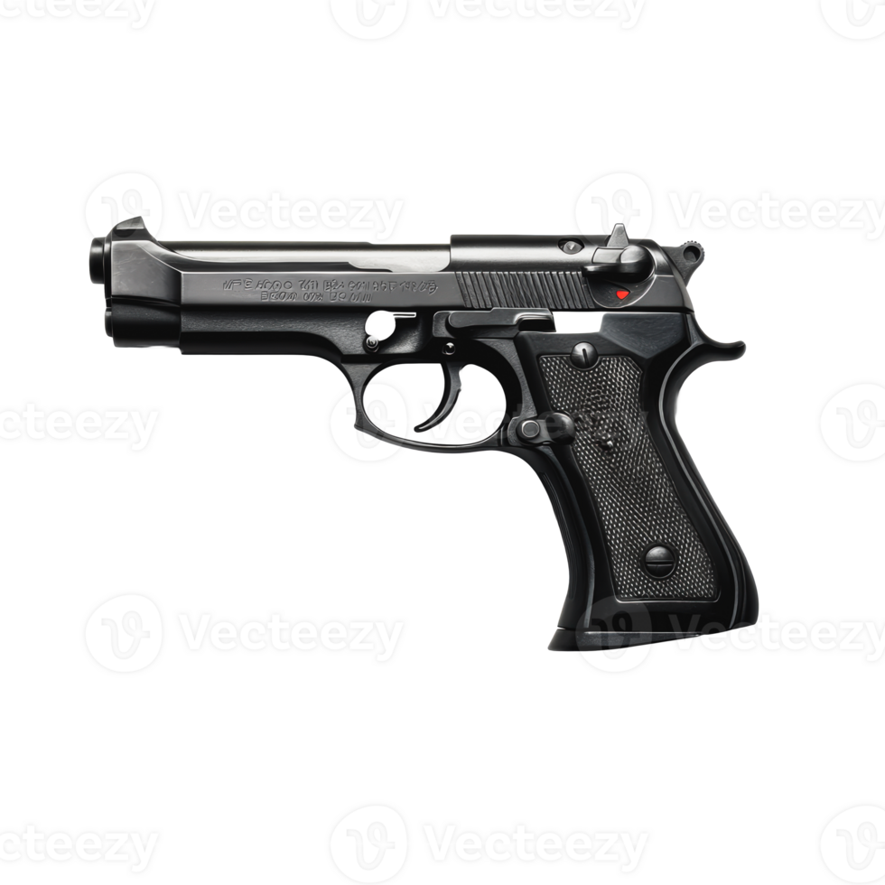 A detailed view of a black semi-automatic pistol placed on a white background png