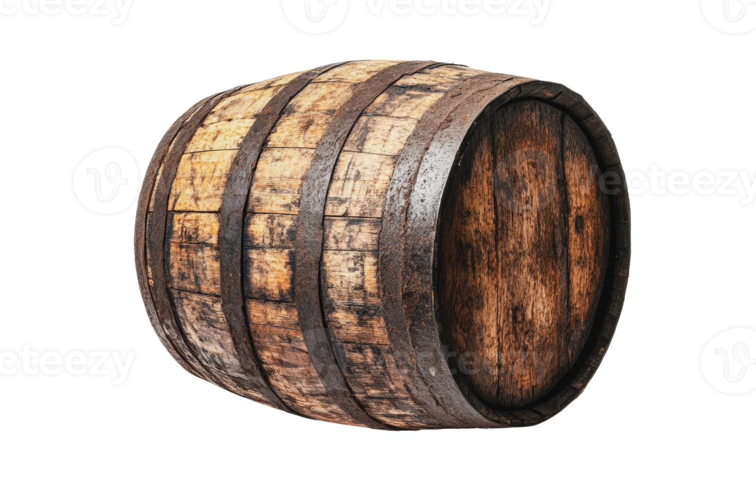 Wooden barrel crafted from aged timber, showcasing a rustic finish, positioned on a white background png