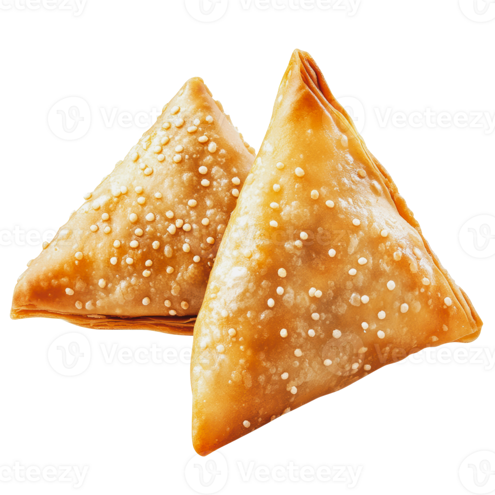 Golden crispy samosas filled with spiced potatoes, displayed on a white background png