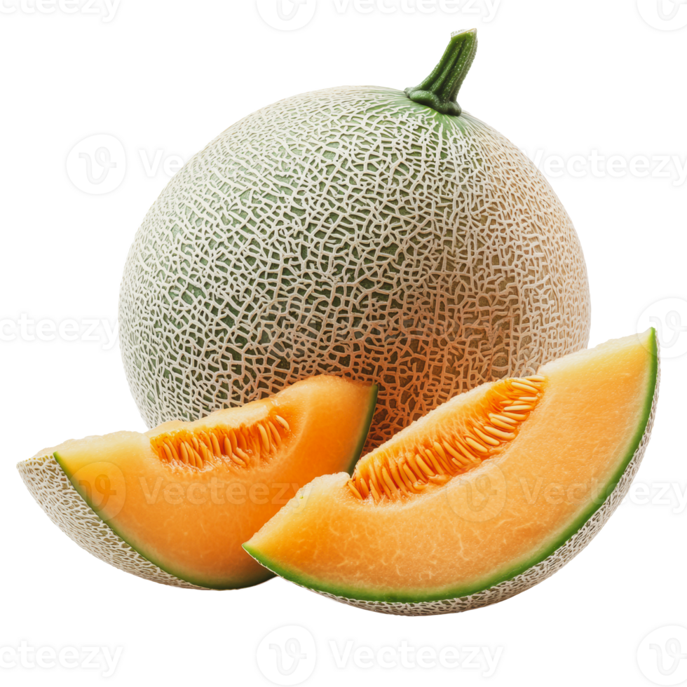Fresh cantaloupe cut in half with pieces showing vibrant orange flesh resting on a white background png