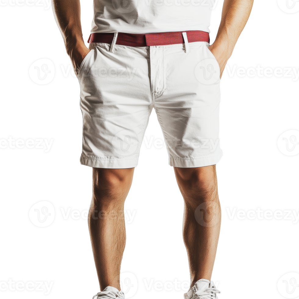 A person wearing white shorts and a red belt stands with hands in pockets against a white background png
