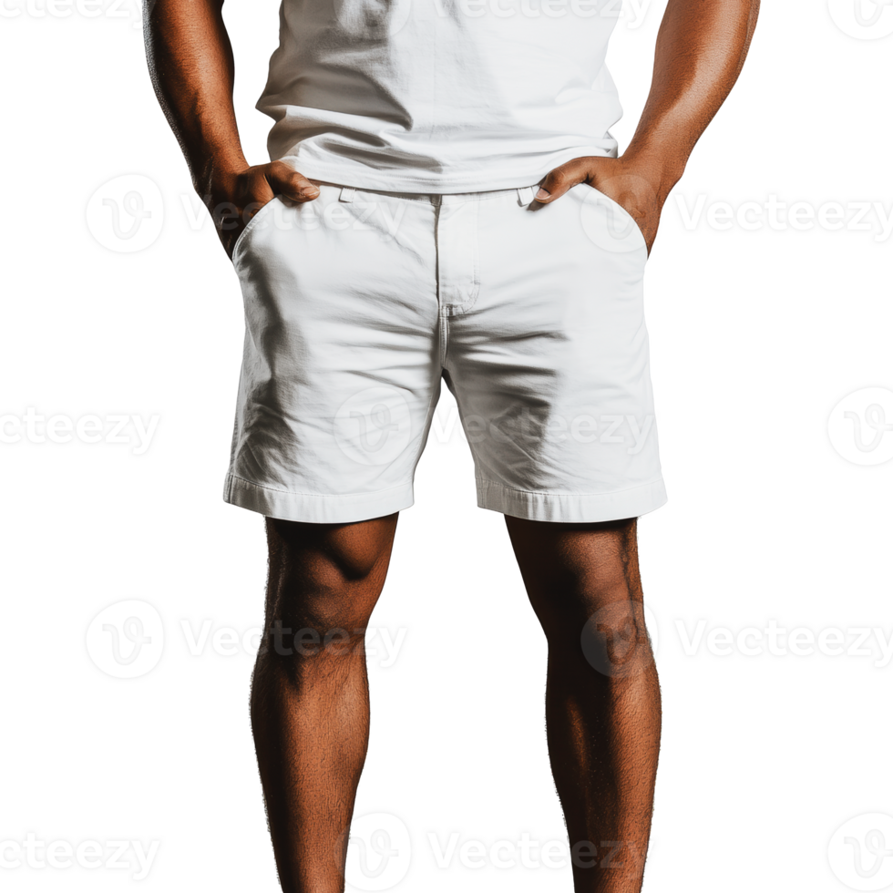 A man stands confidently with hands in his pockets, wearing white shorts and a plain t-shirt against a white background png