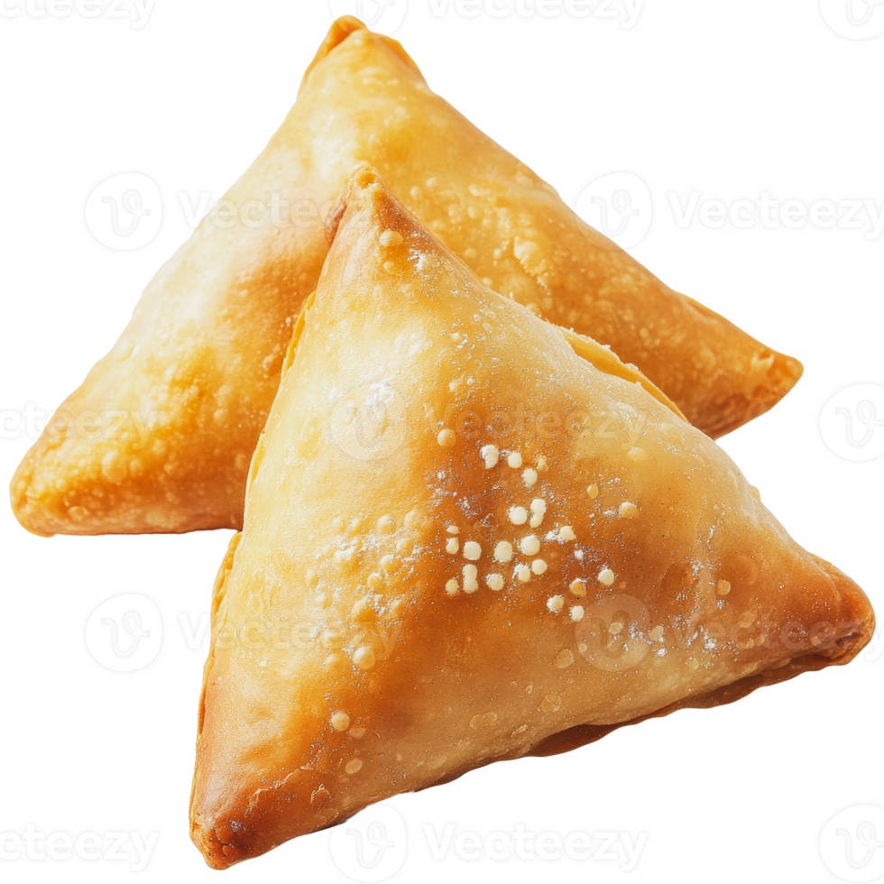 Golden, crispy samosas stacked together on a white background, showcasing a delicious snack option png