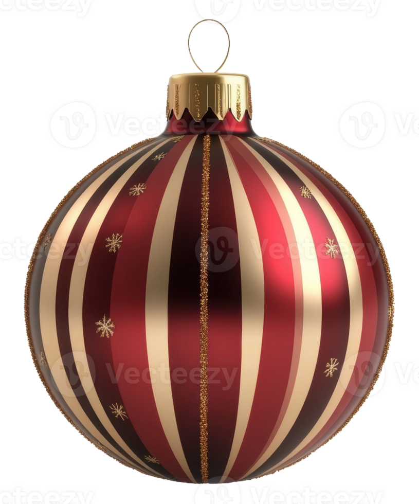 Decorative red and gold striped Christmas ornament with snowflake designs against a white background, cut out - stock . png