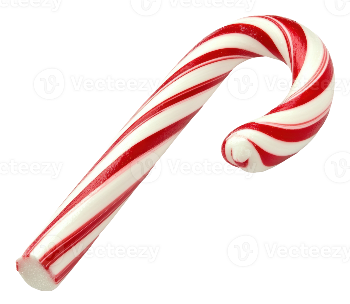 Red and white striped candy cane resting on a plain background, ideal for holiday decorations and festive treats, cut out - stock . png