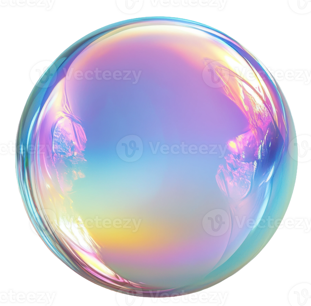 Colorful soap bubble floating in bright light against a plain background, cut out - stock . png