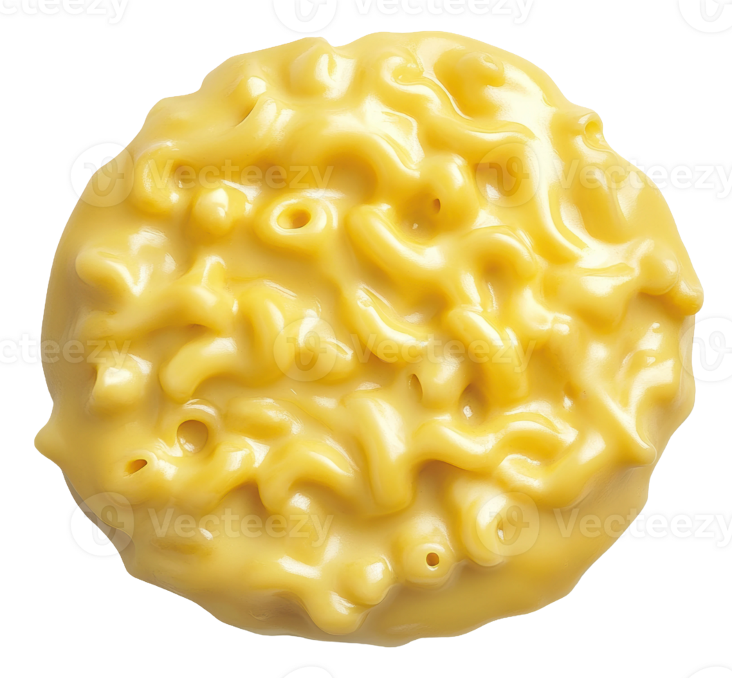 Creamy macaroni and cheese displayed in a circular shape on a bright background, cut out - stock . png