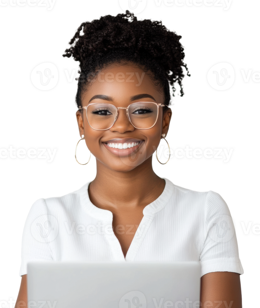 Young woman with glasses smiles while working on a laptop against a plain background, cut out - stock . png