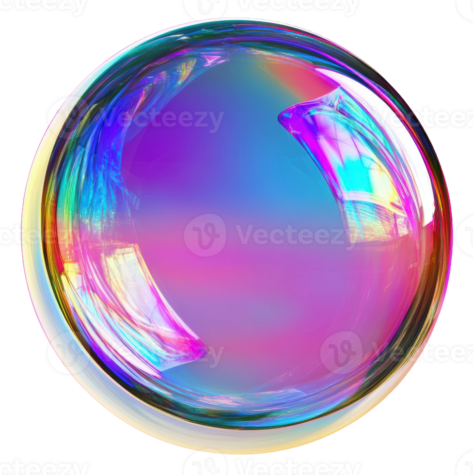 Colorful soap bubble floating in sunlight, reflecting vibrant patterns and hues against a bright background, cut out - stock . png